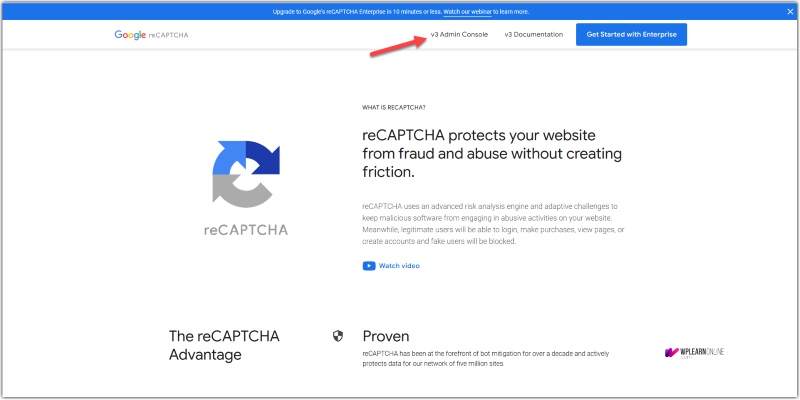 image of google recaptcha landing page